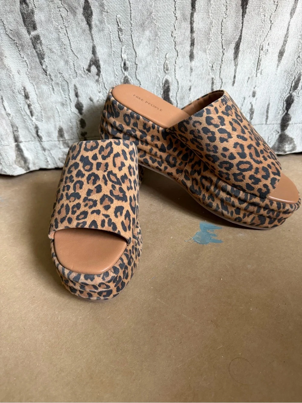 Free People Leopard-Print Platform Slides in Tan and Black